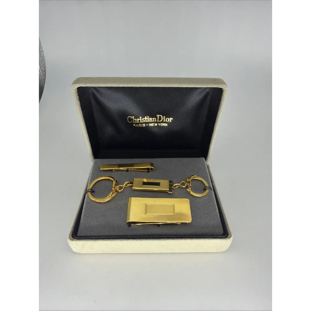 Vintage Christian Dior Accessory Kit Money Clip Tie Bar Keychain Gold Tone Set